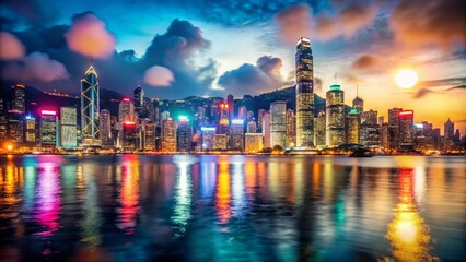 Naklejka premium Bokeh Effect Over Hong Kong Harbor at Night Capturing Vibrant Lights and City Reflections on Water for Stunning Visuals and Artistic Photography