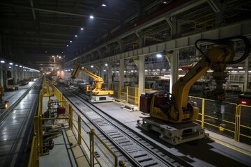 Fototapeta premium Industrial robots operate on assembly line in modern manufacturing facility at night