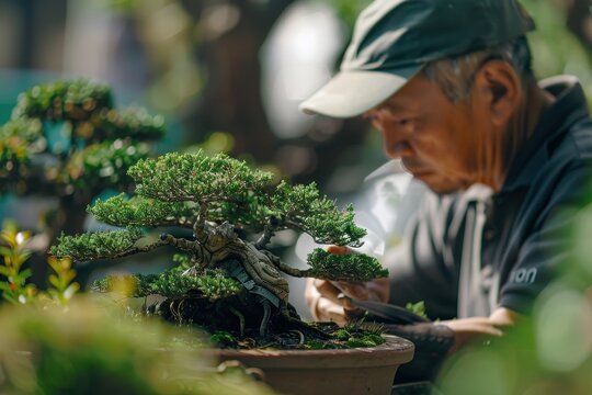 Passionate gardener carefully pruning bonsai trees in a vibrant greenhouse during late afternoon hours