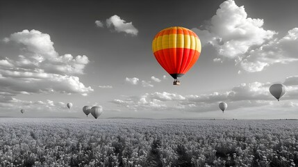 Obraz premium Rainbow hot air balloon soaring above a field of identical grey balloons, its vivid colors standing out in the vastness of the open sky