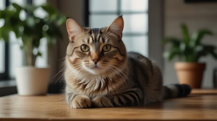 Tabby cat resting on wooden table, indoor plants in background.