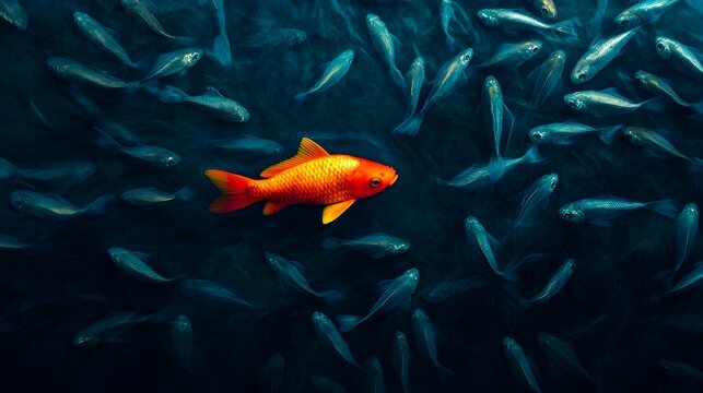 Single colorful fish swimming upstream in a river of identical silver fish, representing resilience and determination. bold fish, resilience, uniqueness