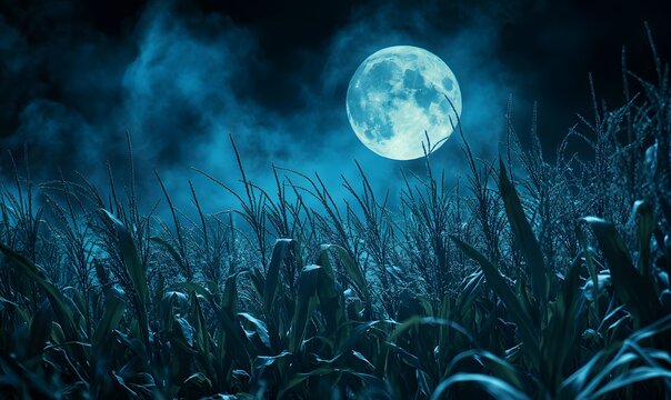 Close-up of corn stalks bathed in soft blue moonlight, with the full moon casting long