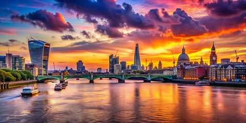 Obraz premium Breathtaking London Sunset Over Iconic Landmarks with Vibrant Colors and Reflective River Scene, Perfect for Capturing the Beauty of Urban Nature at Dusk