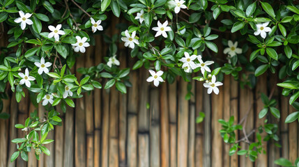 Lush jasmine vines with white blossoms and long tendrils cascade beautifully against rustic bamboo backdrop, creating serene and tranquil atmosphere