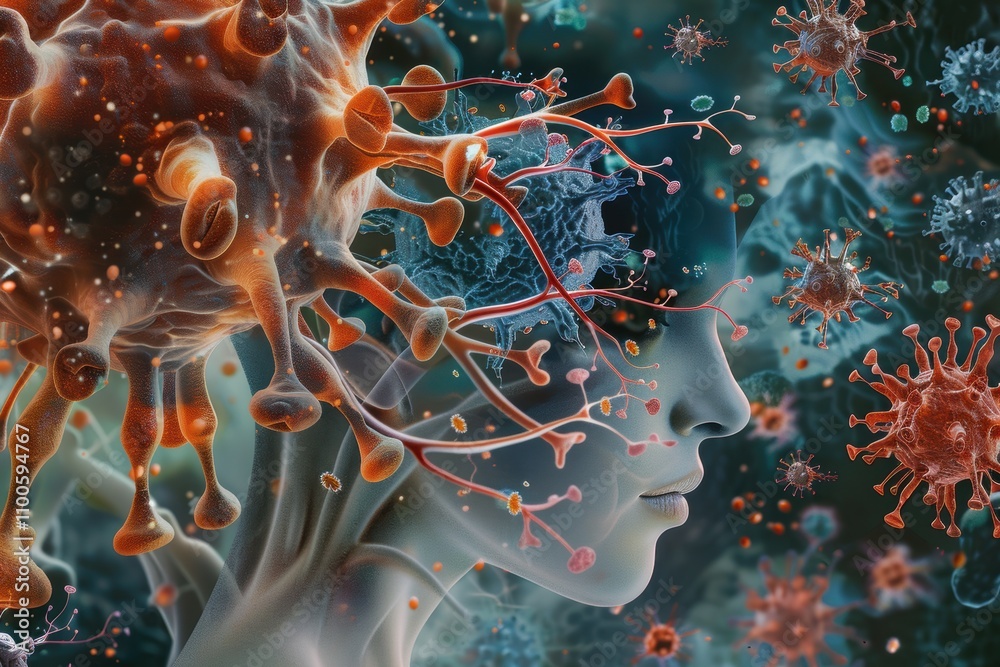Poster visualization of the human immune system response to viral infections showcasing virus particles int
