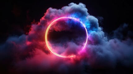 Neon cloud with glowing ring, isolated on black background. Round frame. Fantastic wallpaper