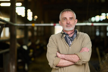 Senior male farmer in grey shirt looking at camera while crossing arms by his chest in modern...