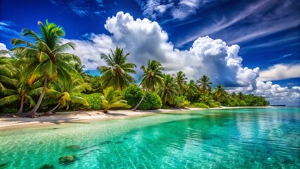 Obraz premium Breathtaking Panoramic View of a Tropical Paradise Beach with Crystal Clear Water, White Sand, and Lush Green Palm Trees Under a Bright Blue Sky Perfect for Vacation Imagery