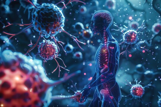Visualization of the human immune system response to viral infections showcasing virus particles interacting with cells