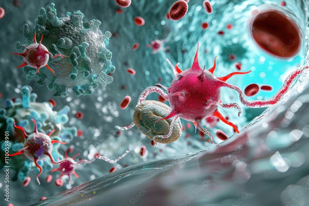Poster visualization of the human immune system response to viral infections showcasing virus particles int