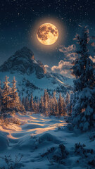 Fototapeta premium A glowing moon and twinkling stars illuminate a snowy mountain landscape at night, creating a serene and magical atmosphere.