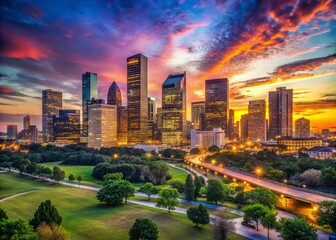 Obraz premium Breathtaking Panoramic View of the Houston Skyline from the North, Showcasing Iconic Skyscrapers and Urban Landscape of Texas, USA at Dusk with Vibrant Colors and City Lights