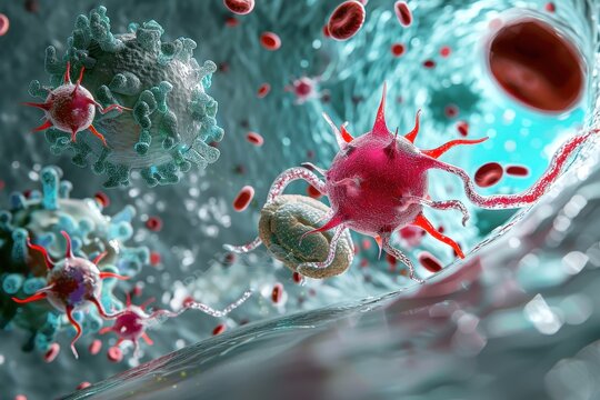 Visualization of the human immune system response to viral infections showcasing virus particles interacting with cells
