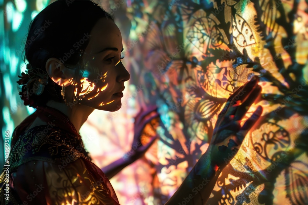 Poster interactive art exhibition featuring vibrant projections in a modern gallery space during the evenin