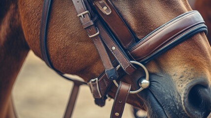 A horse bridle with a focus on the leather and buckles, outdoor setting at a stable, Sleek style