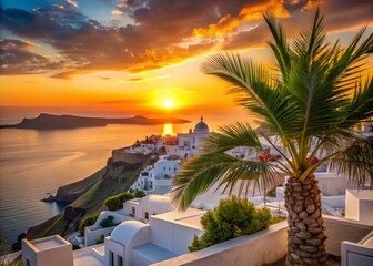 Fototapeta premium Breathtaking Santorini Island Sunset View with Iconic White Architecture, Palm Plants, and Tranquil Seascape – A Romantic Travel Destination Experience