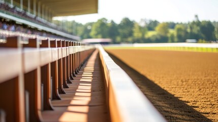 A horse racing track with a focus on the starting gates, outdoor setting with grandstands, Majestic style