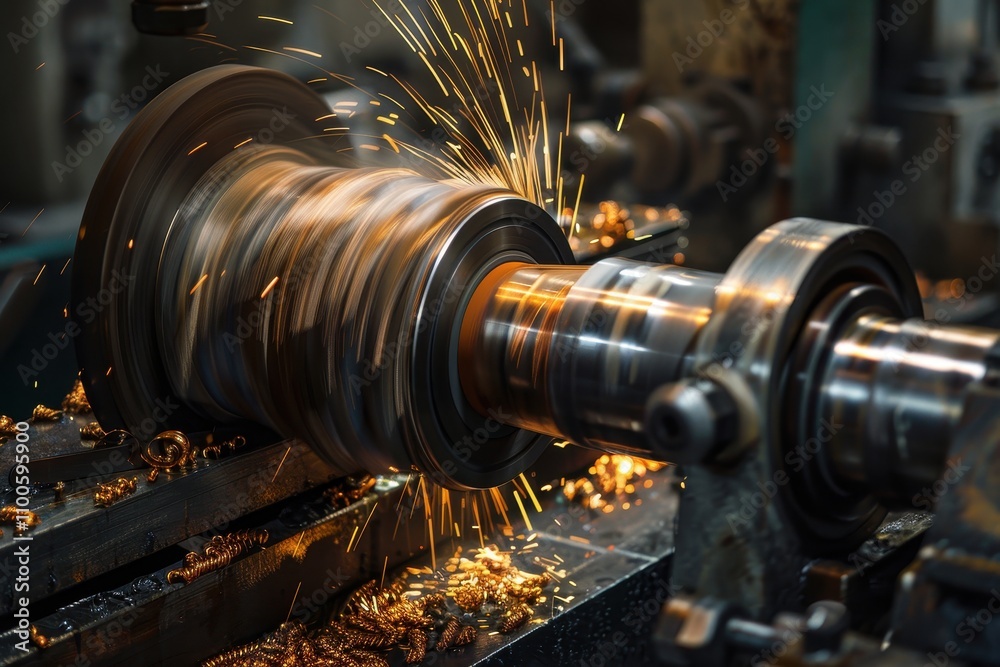 Poster Precision machining process in a workshop showcasing metalworking skills near a lathe with coolant splashing around