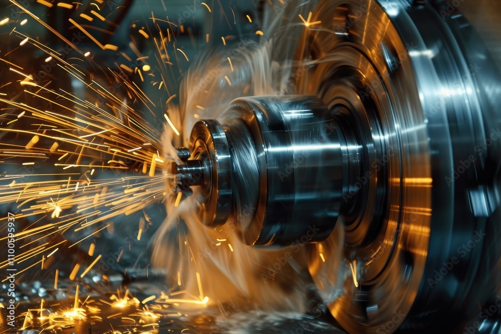 Poster Precision machining process in a workshop showcasing metalworking skills near a lathe with coolant splashing around