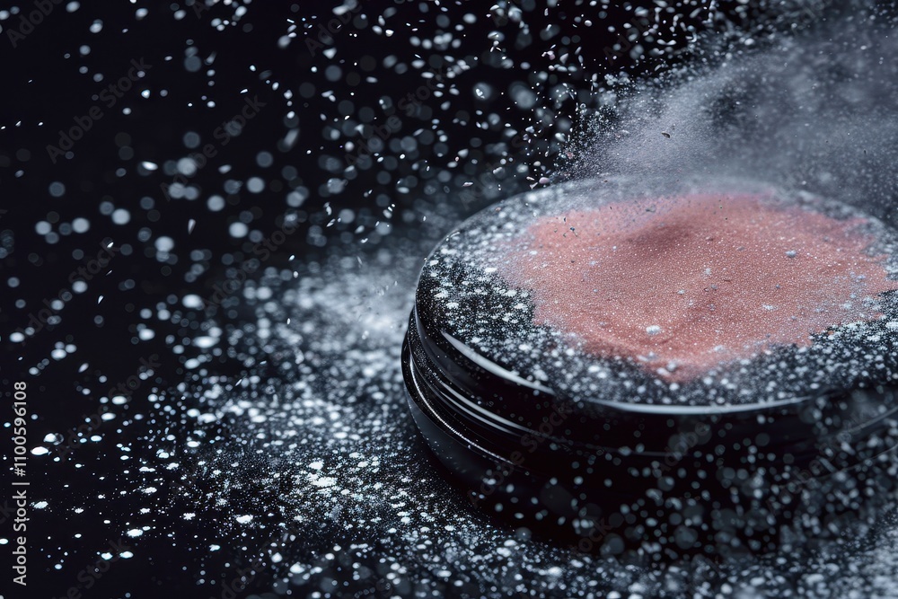 Poster cosmetic powder bursting from container with shimmering particles in a dark setting creating a drama