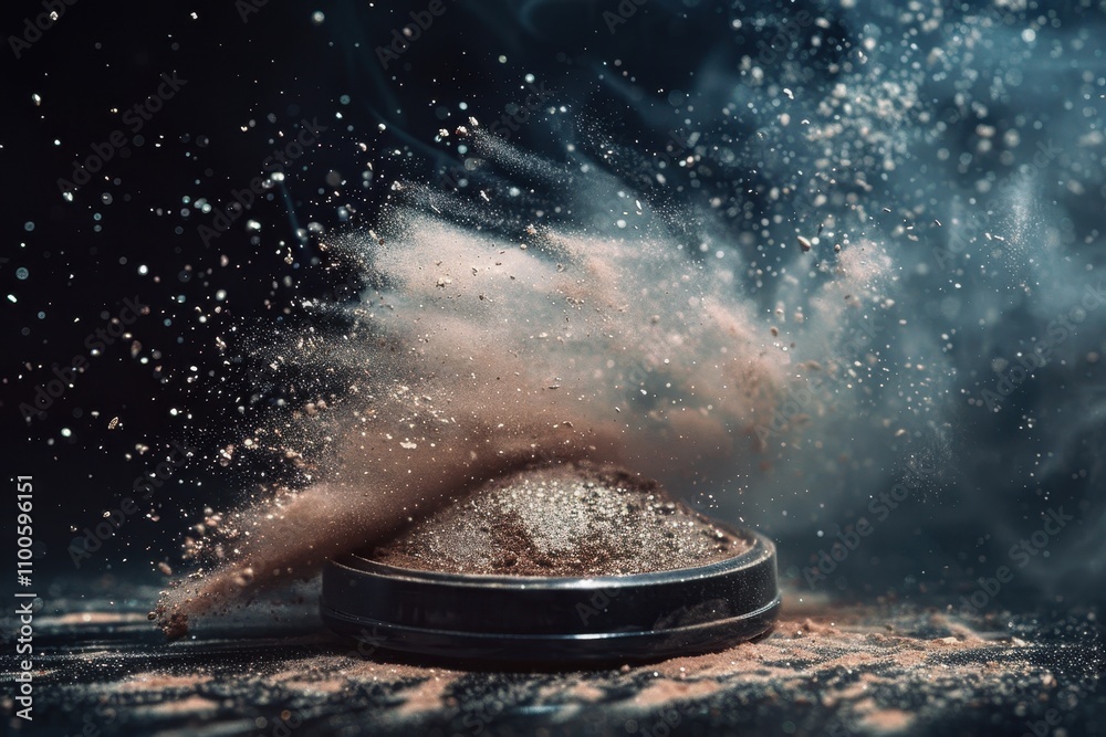 Poster cosmetic powder bursting from container with shimmering particles in a dark setting creating a drama