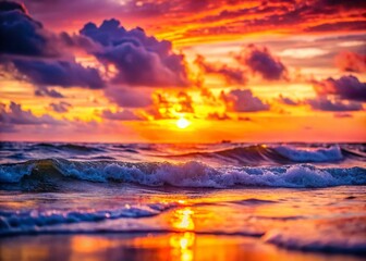 Obraz premium Breathtaking Tilt-Shift Sunset Over the Ocean with Vibrant Orange and Pink Hues Reflecting on Gently Rolling Waves, Capturing the Serene Beauty of Nature's Evening Show