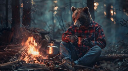A bear dressed in lumberjack attire, plaid shirt and jeans, sitting by a campfire, holding a mug of hot chocolate