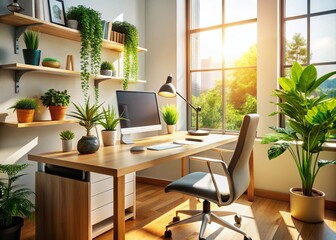 Fototapeta premium Bright and Modern Desk Setup: A Stylish Workspace with Clean Lines, Natural Light, and Functional Accessories for Productivity and Inspiration in a Contemporary Office Environment