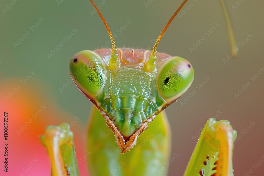 Poster close-up view of a vibrant green praying mantis revealing intricate details of its head and eyes in 