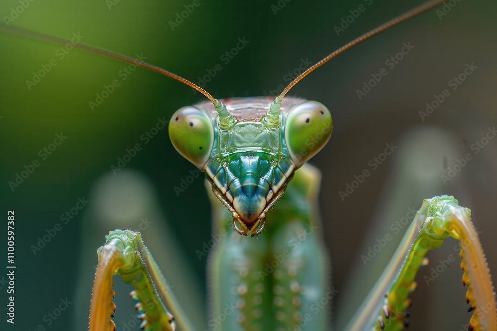 Poster close-up view of a vibrant green praying mantis revealing intricate details of its head and eyes in 