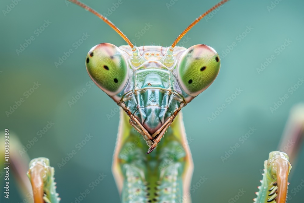 Poster close-up view of a vibrant green praying mantis revealing intricate details of its head and eyes in 