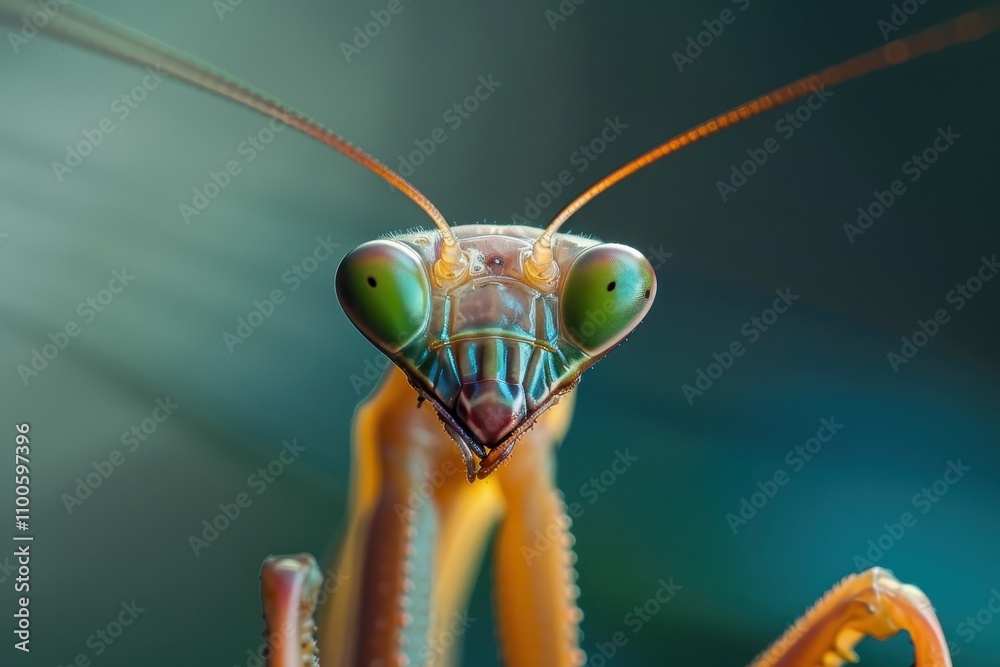 Poster close-up view of a vibrant green praying mantis revealing intricate details of its head and eyes in 