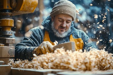  Focused carpenter crafting wood with precision in workshop amidst shavings and machinery, showcasing skilled profession