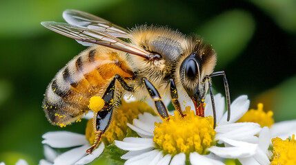 Fototapeta premium macro photo of bee collecting pollen from flower, showcasing its intricate details and vibrant colors. bee is busy at work, contributing to ecosystem