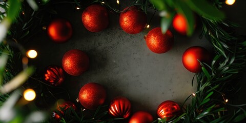 Fototapeta premium Christmas Wreath with Red Ornaments and Greenery