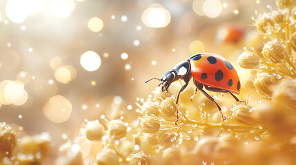 Obraz premium macro photo of ladybug crawling on yellow flower, showcasing its vibrant red and black colors against soft, dreamy background filled with bokeh lights. scene evokes sense of tranquility and beauty in