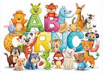 Obraz premium Candid Animal Alphabet: A to Z Zoo Adventure with Cute Cartoon Animals for Kids Learning the English Alphabet in a Fun and Engaging Way on a White Background
