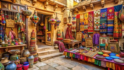 Candid Capture of Vibrant Handmade Souvenirs at Street Shops in Jaisalmer, India &ndash; A Colorful Display of Artisan Crafts and Local Culture