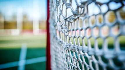 A lacrosse goal with a focus on the netting and frame, outdoor setting on a lacrosse field, Dynamic style