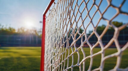 A lacrosse goal with a focus on the netting and frame, outdoor setting on a lacrosse field, Dynamic style