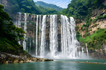 Fototapeta premium Magnificent Large Waterfall Cascading Down Rocky Cliff Surrounded by Greenery and River