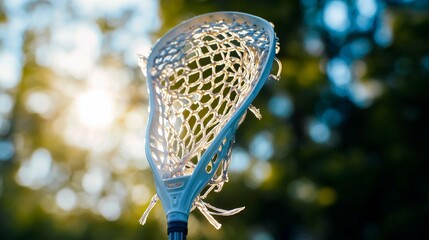 A lacrosse stick with a focus on the netting and handle, outdoor setting with bright afternoon light, Dynamic style