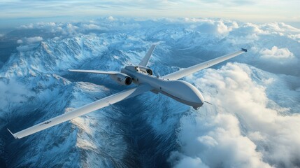 Military drone flies over snowy mountains, capturing vital intelligence data for defense and security operations