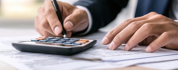 Closeup of a tax planner using a calculator to assess deductible amounts for a client s annual tax filing