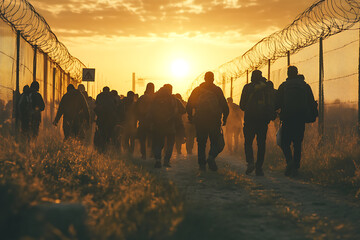 A heavily guarded border with fences, watchtowers, and lines of migrants, highlighting the global migration crisis and border security challenges.

