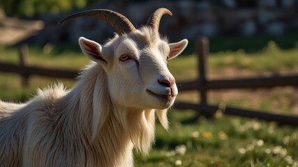 Fototapeta premium Majestic white goat portrait in a sunny pasture.