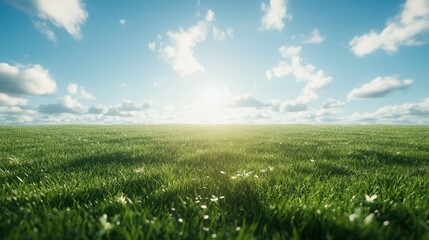 verdant serenity lush green lawn stretching to horizon, morning dew glistening, soft sunlight, wispy clouds in blue sky