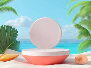 Obraz premium Minimalist product display podium on beach. Summer vacation scene. Pastel colors. Blank platform for cosmetic presentation. Tropical ocean view. Palm trees. Summertime sale. Fashion. Geometric