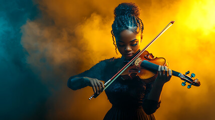 Fototapeta premium cinematic portrait of violinist playing in dimly lit setting, surrounded by colorful smoke. atmosphere is dramatic and captivating, showcasing her talent and passion